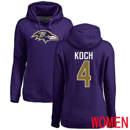Baltimore Ravens Purple Women Sam Koch Name and Number Logo NFL Football #4 Pullover Hoodie Sweatshirt->women nfl jersey->Women Jersey